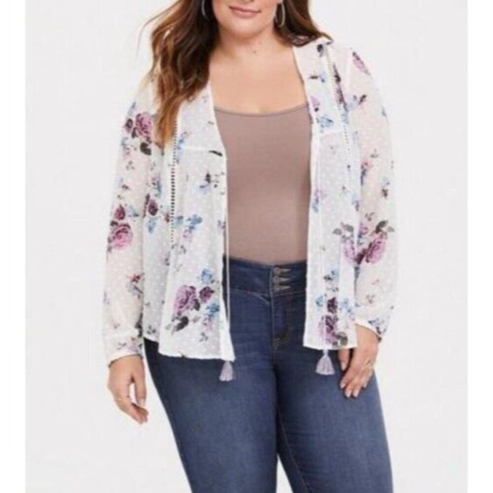 Torrid Women's Long Sleeve White Floral Kimono Chiffon Open Front Coverup Top 1X